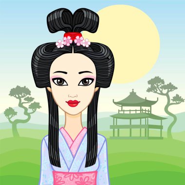 Animasyon portre genç Japon kız eski bir saç modeli. Geyşa, Maiko, Prenses. Arka plan - bir dağ manzarası, eski Tapınağı siluet. Vektör çizim. 