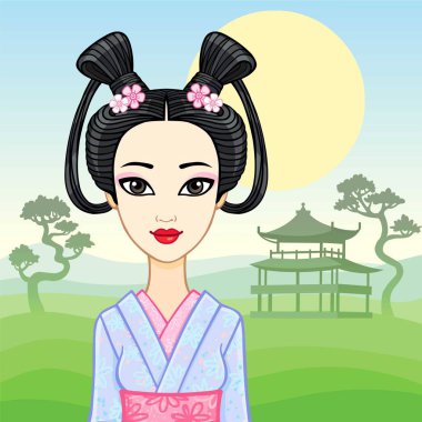 Animasyon portre genç Japon kız eski bir saç modeli. Geyşa, Maiko, Prenses. Arka plan - bir dağ manzarası, eski Tapınağı siluet. Vektör çizim. 