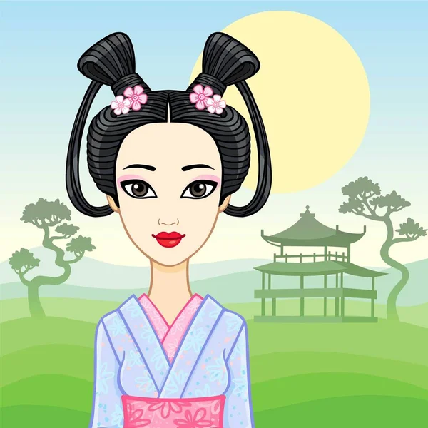 Animationsporträt der jungen Japanerin mit einer antiken Frisur. Geisha, Maiko, Prinzessin. Hintergrund - eine Berglandschaft, Silhouette des alten Tempels. Vektorillustration. — Stockvektor