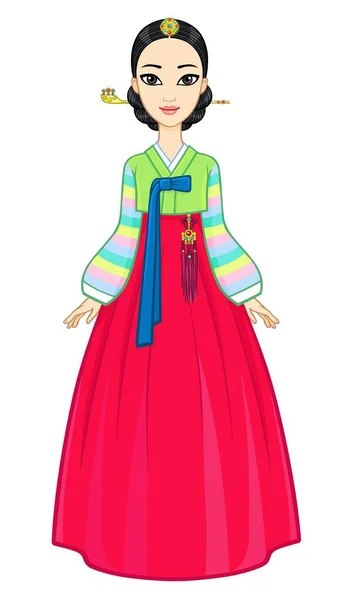 动画肖像的年轻韩国女孩在一个古老的西装。充分增长。在白色背景上隔离的矢量插图. — 图库矢量图片