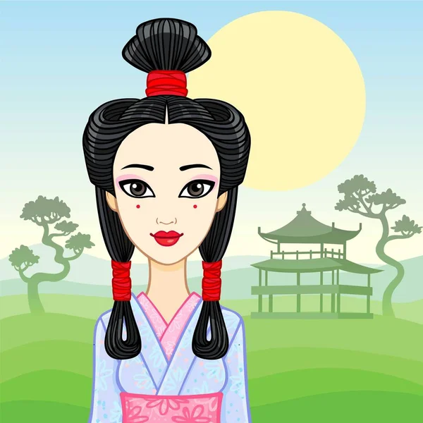 Animationsporträt der jungen Japanerin mit einer antiken Frisur. Geisha, Maiko, Prinzessin. Hintergrund - eine Berglandschaft, Silhouette des alten Tempels. Vektorillustration. — Stockvektor