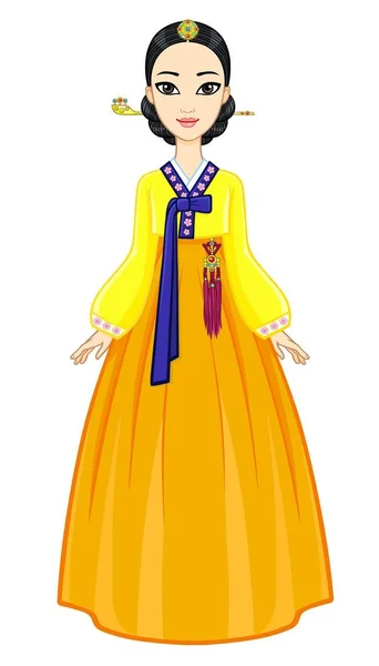 Animation porträtt av den unga koreanska tjejen i en forntida kostym. Full tillväxt. Vektorillustration isolerade på en vit bakgrund. — Stock vektor