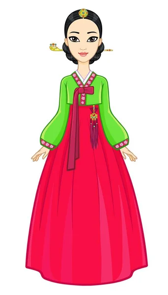 Анимационный портрет молодой корейской девушки в старинном костюме. Полный рост. Векторная иллюстрация на белом фоне . — стоковый вектор