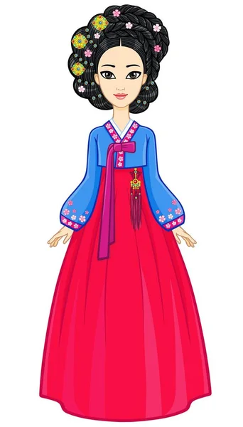 Анимационный портрет молодой корейской девушки в старинном костюме. Полный рост. Векторная иллюстрация на белом фоне . — стоковый вектор