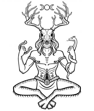 Boynuzlu Tanrı Cernunnos. Tasavvuf, ezoterik, Paganizm, büyü. Beyaz bir arka plan üzerinde izole vektör çizim.