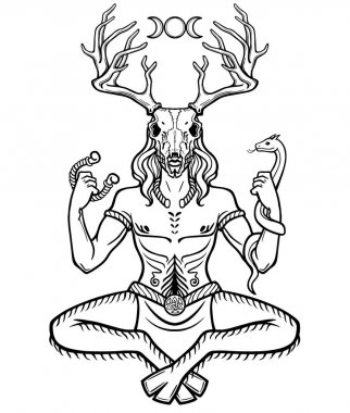 Boynuzlu Tanrı Cernunnos. Tasavvuf, ezoterik, Paganizm, büyü. Beyaz bir arka plan üzerinde izole vektör çizim.