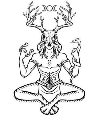 Boynuzlu Tanrı Cernunnos. Tasavvuf, ezoterik, Paganizm, büyü. Beyaz bir arka plan üzerinde izole vektör çizim.