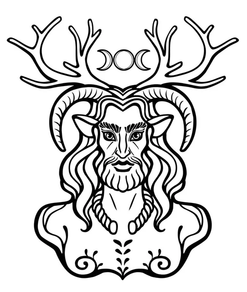角のある神ケルヌンノス。オカルト、神秘主義、密教、異教。白い背景で隔離のベクトル図. — ストックベクタ