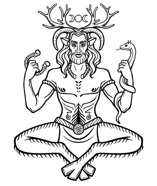 Horned god Cernunnos . Mysticism, esoteric, paganism, occultism. Vector illustration isolated on a white background.