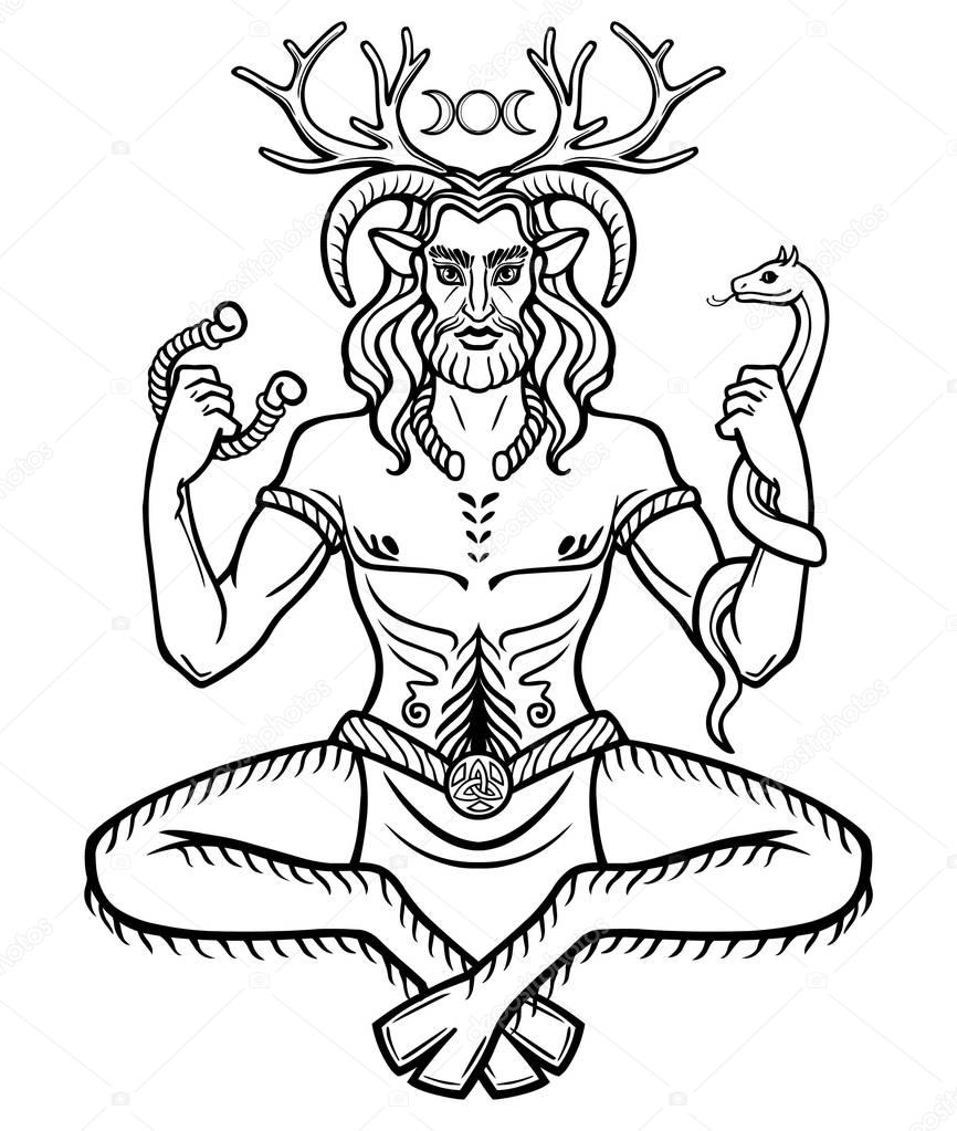 Horned god Cernunnos . Mysticism, esoteric, paganism, occultism. Vector illustration isolated on a white background.