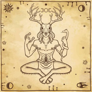 Boynuzlu Tanrı Cernunnos. Tasavvuf, ezoterik, Paganizm, büyü. Vektör çizim. Arka plan - eski kağıt imitasyon.