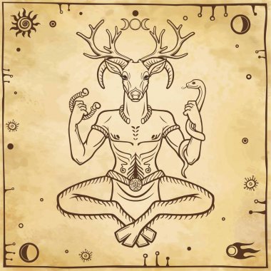 Boynuzlu Tanrı Cernunnos. Tasavvuf, ezoterik, Paganizm, büyü. Vektör çizim. Arka plan - eski kağıt imitasyon.