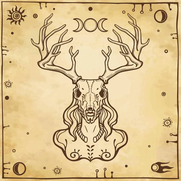 Horned god Cernunnos . Mysticism, esoteric, paganism, occultism. Vector illustration. Background - imitation of old paper. — Stock Vector