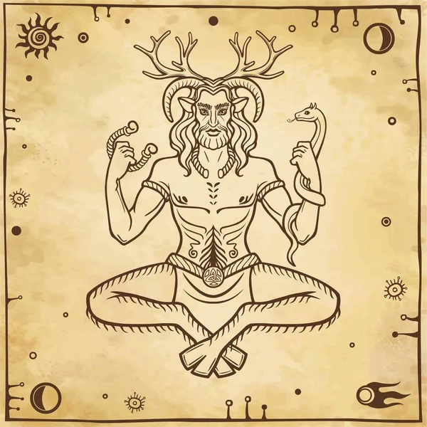 Gehoornde god Cernunnos. Mystiek, esoterische, heidendom, occultisme. Vectorillustratie. Achtergrond - imitatie van oud papier. — Stockvector