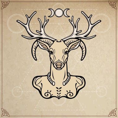 Boynuzlu Tanrı Cernunnos. Tasavvuf, ezoterik, Paganizm, büyü. Vektör çizim. Arka plan - eski kağıt imitasyon.