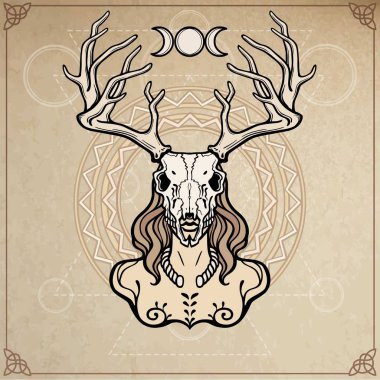 Boynuzlu Tanrı Cernunnos. Tasavvuf, ezoterik, Paganizm, büyü. Vektör çizim. Arka plan - eski kağıt, dekoratif bir daire imitasyon.