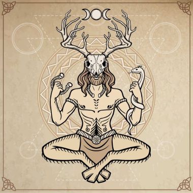 Boynuzlu Tanrı Cernunnos. Tasavvuf, ezoterik, Paganizm, büyü. Vektör çizim. Arka plan - eski kağıt, dekoratif bir daire imitasyon.
