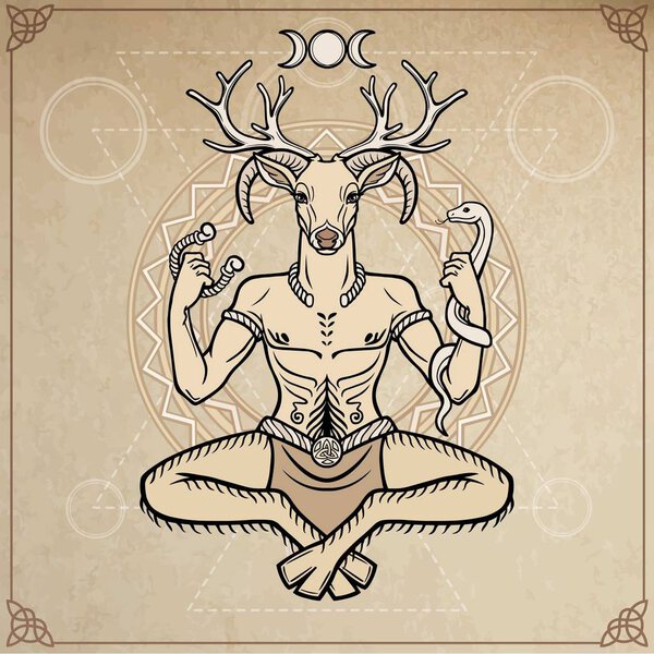 Horned god Cernunnos . Mysticism, esoteric, paganism, occultism. Vector illustration. Background - imitation of old paper, a decorative circle.