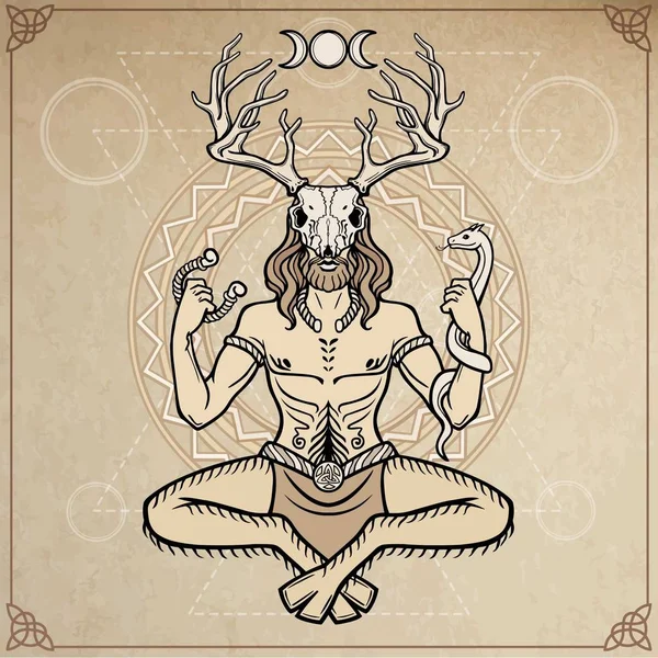 Horned god Cernunnos . Mysticism, esoteric, paganism, occultism. Vector illustration. Background - imitation of old paper, a decorative circle. — Stock Vector