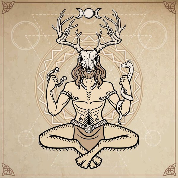 Horned god Cernunnos . Mysticism, esoteric, paganism, occultism. Vector illustration. Background - imitation of old paper, a decorative circle.