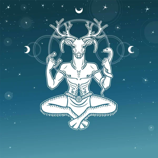 Dios de cuernos Cernunnos. Misticismo, esotérico, paganismo, ocultismo. Ilustración vectorial. Fondo - el cielo estrellado nocturno, símbolo de la luna . — Vector de stock