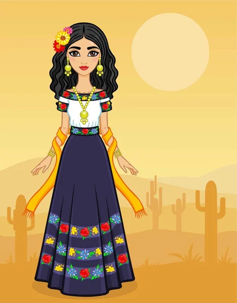 Retrato de animación de la joven mexicana vestida con ropa antigua. Crecimiento total. El fondo - el desierto con los cactus. Ilustración vectorial. Tarjeta, póster, invitación, el lugar para el texto . — Archivo Imágenes Vectoriales