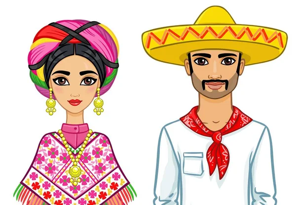 Retrato de animación de la familia mexicana en ropas antiguas. La ilustración vectorial aislada sobre un fondo blanco . — Archivo Imágenes Vectoriales