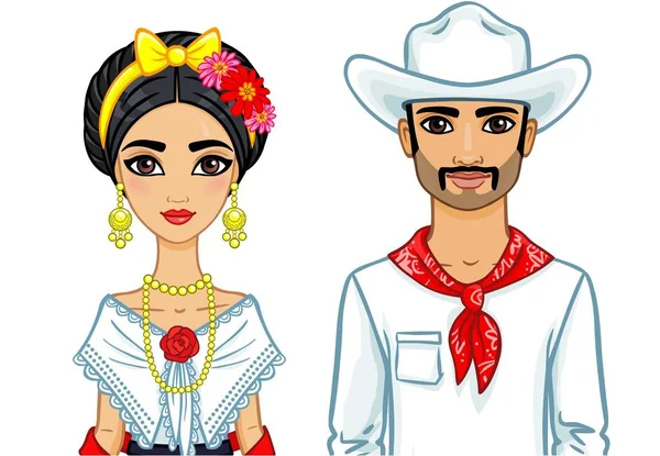 Portret van de animatie van de Mexicaanse familie in oude kleren. De vectorillustratie geïsoleerd op een witte achtergrond. — Stockvector