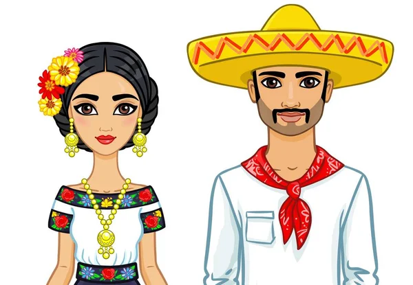 Animation portrait of the Mexican family in ancient clothes. The vector illustration isolated on a white background. — Stock Vector