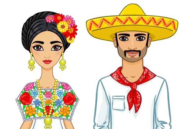 Retrato de animação da família mexicana em roupas antigas. A ilustração vetorial isolada sobre um fundo branco . —  Vetores de Stock