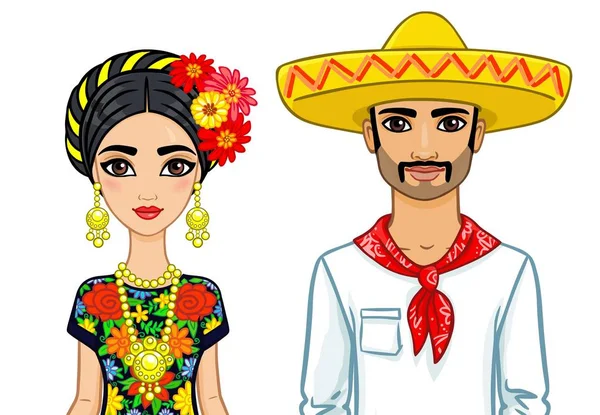 Animaci portrét mexické rodiny ve starých šatech. Vektorové ilustrace izolované na bílém pozadí. — Stockový vektor