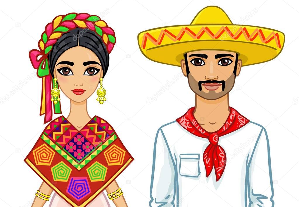 Animation portrait of the Mexican family in ancient clothes. The vector illustration isolated on a white background.