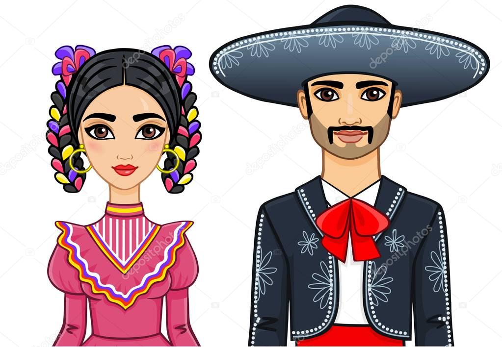 Animation portrait of the Mexican family in ancient clothes. The vector illustration isolated on a white background.