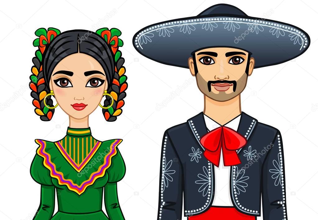 Animation portrait of the Mexican family in ancient clothes. The vector illustration isolated on a white background.