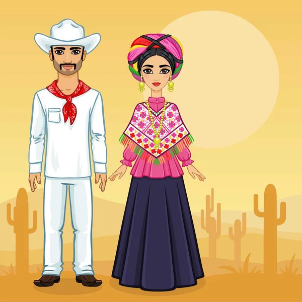 Retrato de animação da família mexicana em roupas antigas. Crescimento total. Um contexto - uma paisagem o deserto um cacto. Ilustração vetorial . —  Vetores de Stock