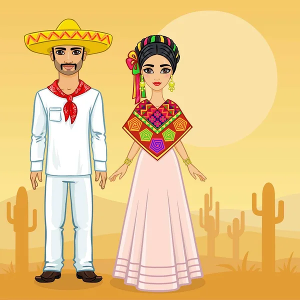 Ritratto di animazione della famiglia messicana in abiti antichi. Piena crescita. Uno sfondo - un paesaggio il deserto un cactus. Illustrazione vettoriale . — Vettoriale Stock