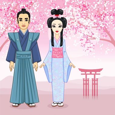 Animasyon antik clotes Japon aile portresi. Geyşa, Maiko, samuray. Tam büyüme. Arka plan - bir dağ manzarası çiçek açması Oriental kiraz, kutsal kapısı. Vektör çizim.