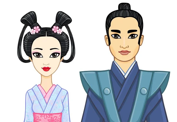 Анимационный портрет японской семьи в древних тромбах. Гейша, Майко, Самурай. Векторная иллюстрация на белом фоне . — стоковый вектор