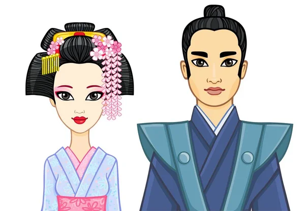 Potret animasi keluarga Jepang di zaman kuno. Geisha, Maiko, Samurai. Ilustrasi vektor diisolasi pada latar belakang putih . - Stok Vektor