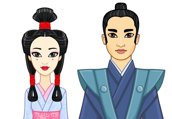 Animatie portret van Japanse familie in oude clotes. Maiko, Geisha, Samurai. Vectorillustratie geïsoleerd op een witte achtergrond. — Stockvector
