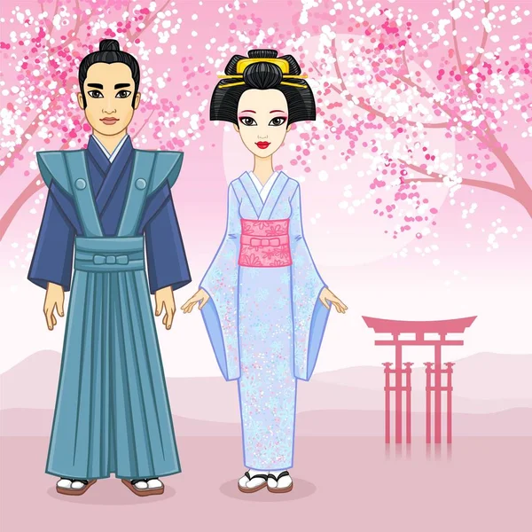 Animaatiokuva japanilaisesta perheestä muinaisissa hyytymissä. Geisha, Maiko, Samurai. Täysi kasvu. Tausta - vuoristomaisema, kukoistava itämainen kirsikka, pyhä portti. Vektoriesimerkki . — vektorikuva
