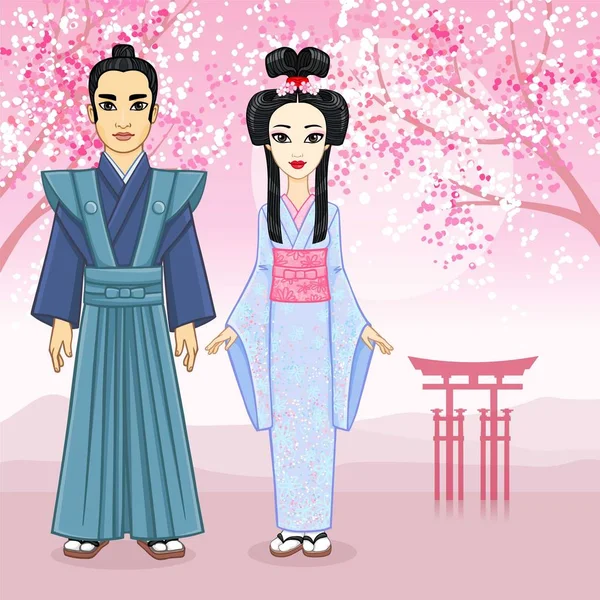 Animation portrait of Japanese family in ancient clotes. Geisha, Maiko, Samurai. Full growth. A background - a mountain landscape, the blossoming Oriental cherry, sacred gate. Vector illustration. — Stock Vector