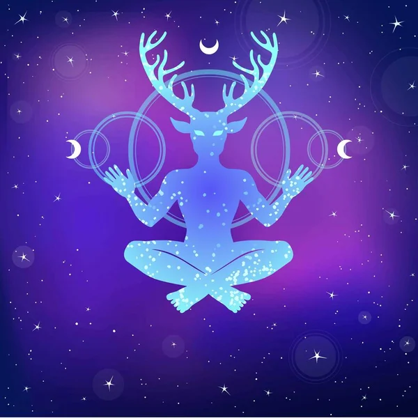 Silueta del dios sentado con cuernos Cernunnos. Misticismo, esotérico, paganismo, ocultismo. Ilustración vectorial. Fondo - el cielo estrellado nocturno, símbolos de la luna . — Vector de stock