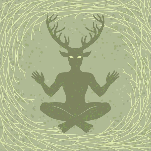 Silhouette of the sitting horned god Cernunnos. Mysticism, esoteric, paganism, occultism.  Vector illustration. Background - tree branches. — Stock Vector