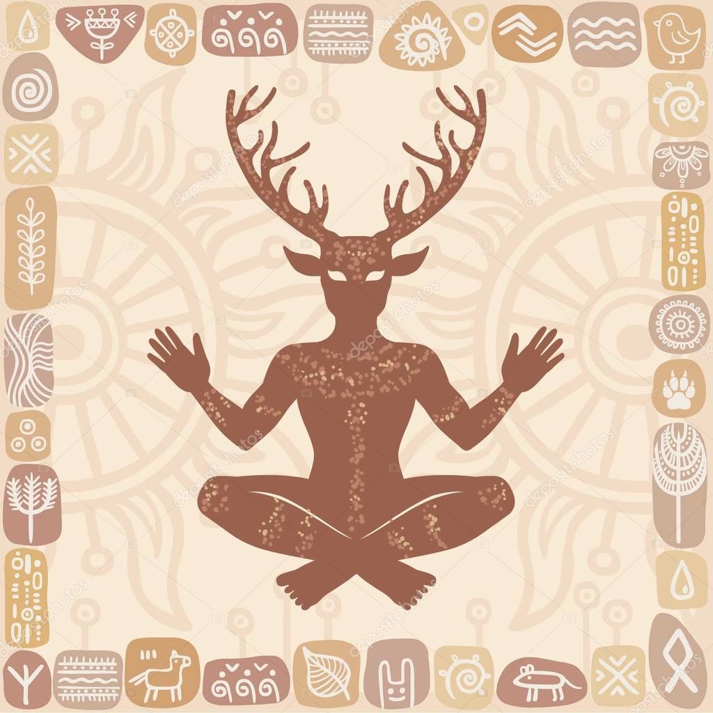 Silhouette of the sitting horned god Cernunnos. Mysticism, esoteric, paganism, occultism.  Vector illustration. Background - a decorative frame ethnic symbols.