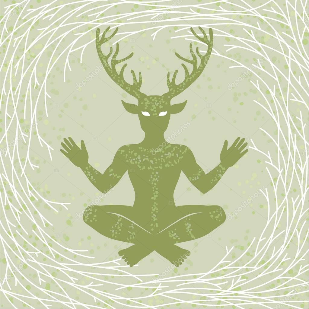 Silhouette of the sitting horned god Cernunnos. Mysticism, esoteric, paganism, occultism.  Vector illustration. Background - tree branches.