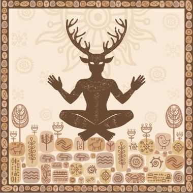 Silhouette of ancient pagan horned god Cernunnos, male deer, spirit of the wood. A background - decorative hieroglyphs, the earth, the sky, flora and fauna. Vector illustration. Print, potser, t-shirt, card.
