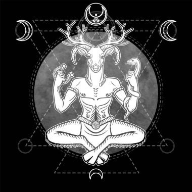 Antik pagan Boynuzlu Tanrı, erkek geyik, ormanın ruhu portresi. Arka plan - kutsal geometri, ayın sembolleri. Vektör çizim, çizim üzerinde siyah beyaz. Baskı, potser, t-shirt, kart.
