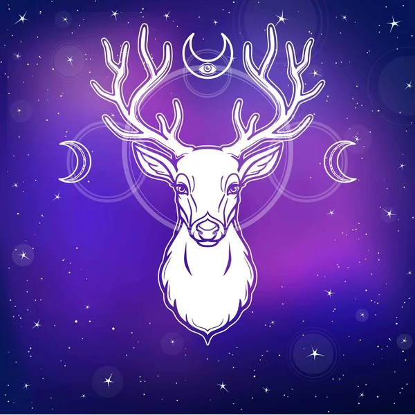 动画肖像的一角鹿-一个木精神, 异教的神, 捍卫的性质。背景-夜空中的星星。矢量插图。打印、potser、t-shirt、卡. — 图库矢量图片