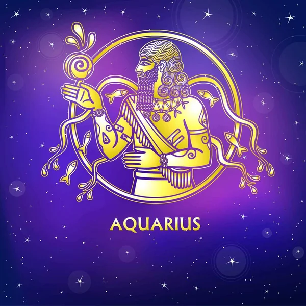 Signo del zodíaco Acuario. Carácter de la mitología sumeria. Imitación de oro. Ilustración vectorial. Fondo - el cielo estrellado nocturno . — Vector de stock